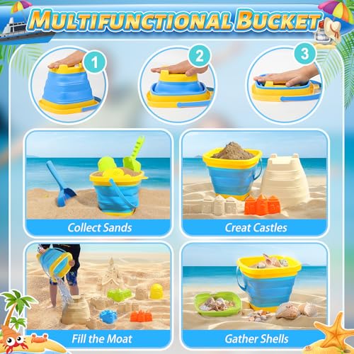 Collapsible Beach Sand Toys Set for Kids - Includes Bucket, Mesh Shovel, Filter Scooper & Castle Molds - Toddler Beach Toy...