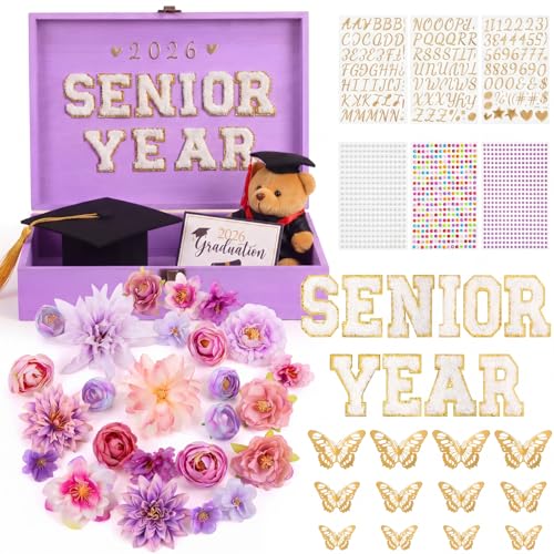 Novabright 50 Pcs 2026 DIY Senior Year Graduation Keepsake Box Kit Large Wooden Memory Box with 3D Butterfly, Flowers, Gli...