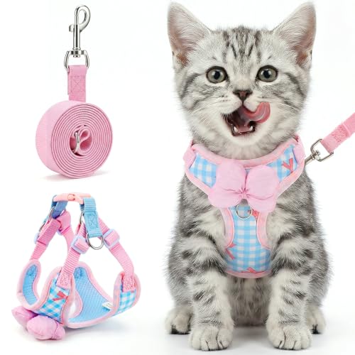 Susade Cat Harness and Leash Set for Walking Escape Proof Adjustable Kitten Harness Soft Comfortable Vest with Bow for Kit...