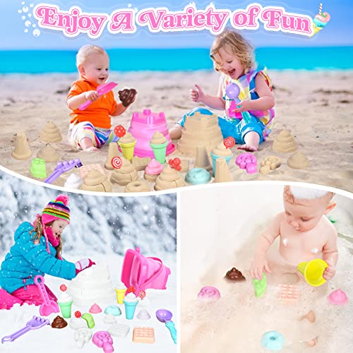 Collapsible Beach Toys Set for Kids Toddlers Girls, Collapsible Sand Bucket and Shovels Set with Mesh Bag & Sand Molds, Ic...