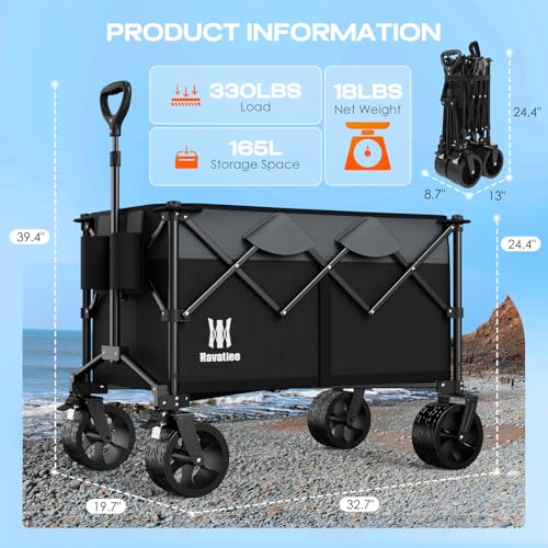 Navatiee 330Lbs Collapsible Folding Wagon, Beach Wagon Cart Heavy Duty Foldable with Big Wheels, Utility Grocery Wagon wit...