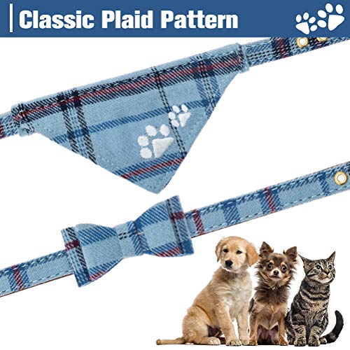 EXPAWLORER Puppy Collar and Leash Set - Embroidery Pawprints Plaid Dog Collar and Dog Leash Set, Bow Tie and Bandana Dog C...
