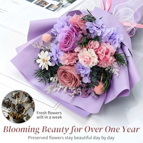 Lewondr Flower for Delivery, Preserved Flowers Bouquet, Purple Rose Bouquet, Real Long-Lasting Forever Birthday Flowers Gi...