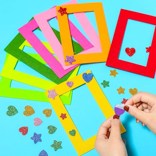 Jetec 24 Pieces Colorful Felt Photo Frames Holiday Picture Frames and 50 Pieces Colorful Glitter Foam Stickers for Home an...
