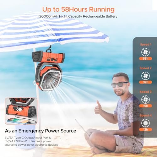 Rechargeable Camping Fan with LED Lantern, 20000mAh Auto-Oscillating Battery Operated with Remote/Hook/Timer, 8” Portable ...