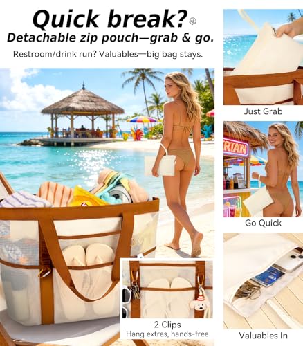 Yeendibo 2026 Chic & Spacious XX-Large Beach Bag for Women — Mesh × Canvas Tote with Top Zipper, 11 Pockets, Detachable Po...