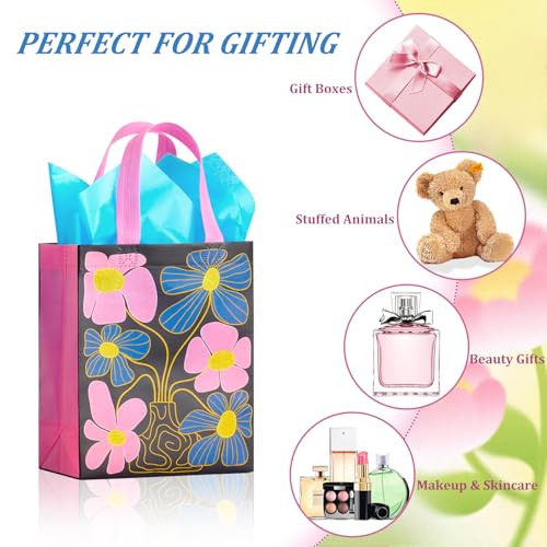 10" Floral Reusable Gift Bags Medium Size with Tissue Paper, 6 Pack Non-Woven Wrap Paper Gift Bags with Handles for Birthd...