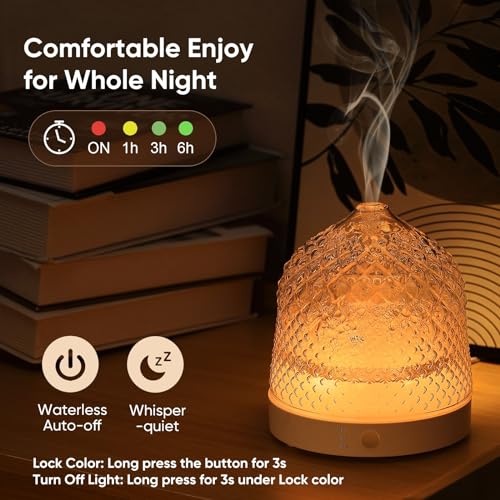 Lecdura Glass Essential Oil Diffuser, 200ml Ultrasonic Aroma Diffusers with Glass Reservoir Dome & White Plastic Base Lock...