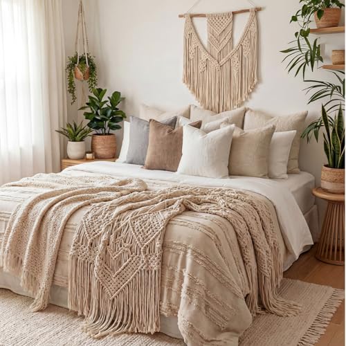 CrystalSylara 4 Pack 18x18 Inch Linen Pillow Covers Decorative Neutral Linen Throw Pillows Cases, Soft Rustic Cushions Boh...