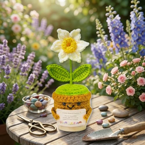 Xulvrax December Birth Flower Narcissus Crochet Potted Plant Gift, Handmade Style with Wooden Base, Meaningful Birthday De...