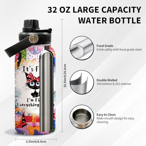 Uibunoo Cat Gifts for Women, Funny Black Cat Water Bottle Cup Tumbler with Lid 32oz Everything Is Fine, Cats Themed Gift f...