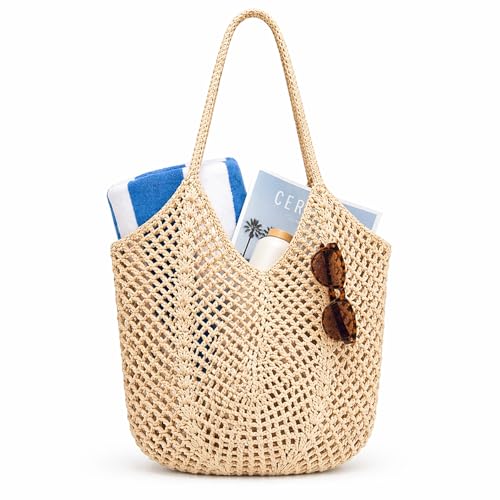 MBBEST Crochet Beach Bag for Women, Boho Mesh Knit Tote Purse, Handmade Cotton Summer