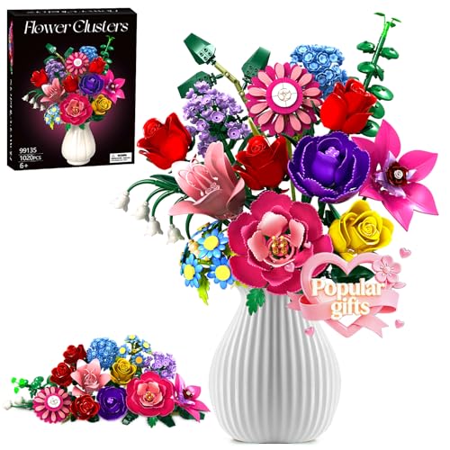 Rongmeiz Mother's Day Flower Bouquet Building Set, 1020 PCS Botanical Collection Building Block Toy, Rose Flowers Plant Ho...