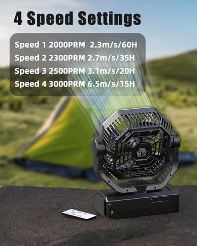 Portable Rechargeable Fan - 9-Inch Camping Fan for Tent, 24000mAh(60Hrs) Battery Operated Fan for Camping, Auto Oscillatio...