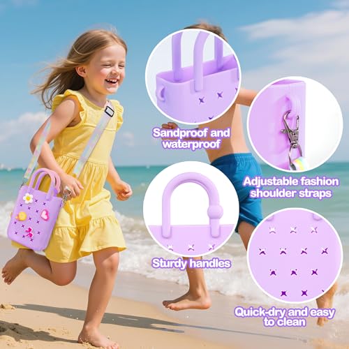 Silicone Small Rubber Beach Bag with 20 Charms, Hole Handbag With Adjustable Shoulder Strap, Girls and Woman
