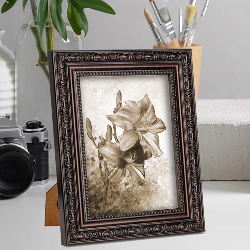 WYNCO 5x7 2-Pack Antique Dark Brown Scrollwork Ornate Classic Picture Frame, Matted for 3.5x5.5 inches Photos, Real Glass ...