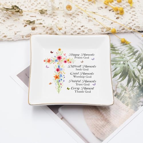 Christian Gifts for Women, Faith Inspirational Gifts - Floral Cross 4" Jewelry Dish, Religious Gift for Mom, Sister, Daugh...