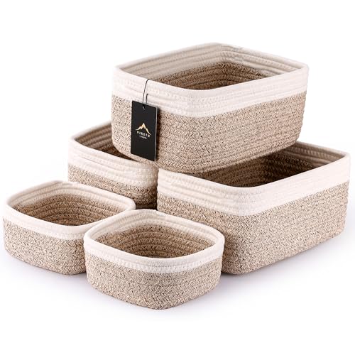 VIRETH HAUS 5-Pack Small Woven Rope Storage Baskets – 2 Sizes Organizer Bins for Closet, Shelf, Bookshelf, Nursery, Changi...