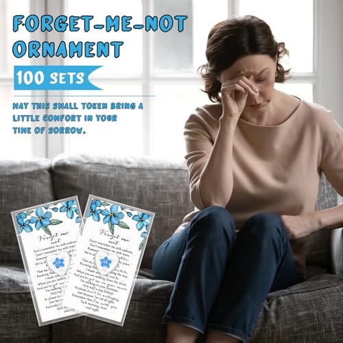 Cunno 100 Sets Forget-me-not Flower Gift Set, Heart-shaped Dried Pressed Flower Keepsakes with Sympathy Cards and Bags, Me...