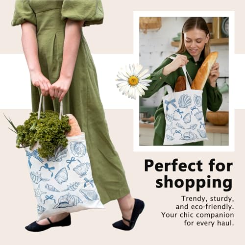 LIANGW Summer Beach Canvas Tote Bag Aesthetic for Women, Reusable Coastal Sea Turtle Grocery Bags Shopping Bags