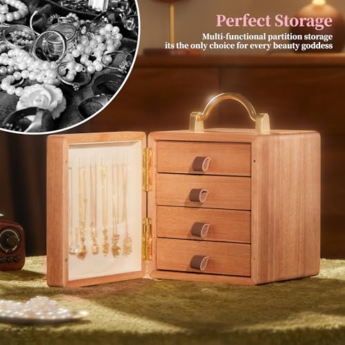 KAOTGOT Wooden Jewelry Box for Women Walnut Wooden Jewelry Box with handle 4-Tier Jewelry Organizer for Rings, Necklaces