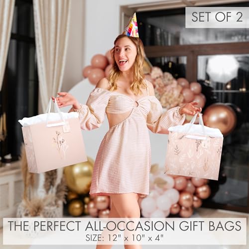 Beautiful Gift Bags Set of 2 - Large 13" Bags with Handles incl. Matching Tissue Paper, Cards & Stickers - Reusable and Pe...