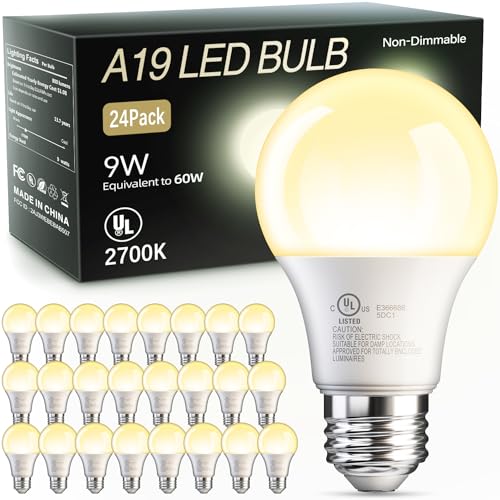 TJOY 24 Pack A19 LED Light Bulbs Soft Warm White 2700K, 60 Watt Equivalent, Efficient 9W, E26 Standard Base, Non Dimmable ...