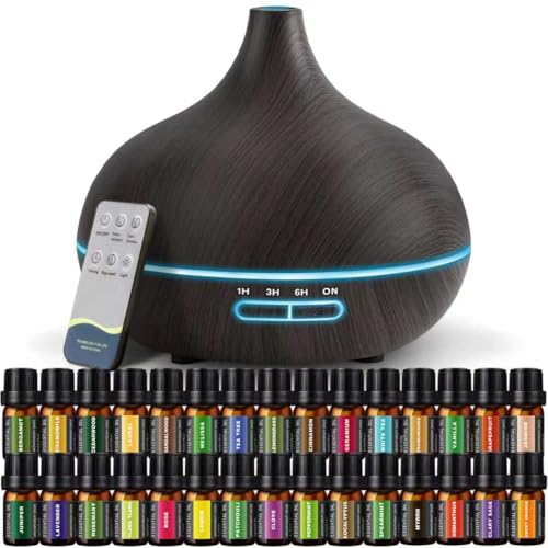 SACATR 550ml Oil Diffuser with 30x5 mL Essential Oils, Ultrasonic Technology, Remote Control for Home Office