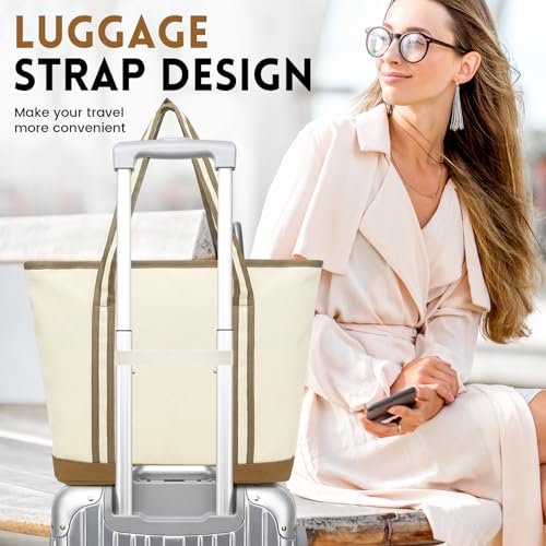 QYEPYUE Large Canvas Tote Bag for Women, Beach Bag with Zipper, Utility Tote Bag with 3 Front Pockets, Weekender Pool Bag