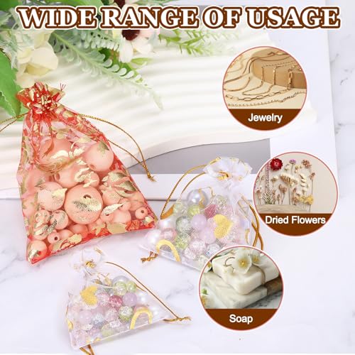 PATIKIL Organza Jewelry Gift Pouch, (4.7 x 3.5 Inch, Red) (50 Pcs) Gold Rose Drawstring Mesh Candy Pouch Mini Wedding Favo...