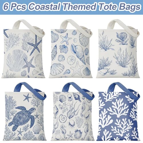Reginary 6 Pcs Coastal Canvas Tote Bags with Pocket Summer Beach Themed Gifts Blue Seashell Starfish Conch Coral Pattern