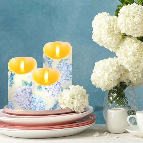 Ouvibor 3 Pcs Hydrangea Flameless Candles Wedding Table Centerpiece Chinoiserie Candles Hydrangea Floral Printed Faux Cand...