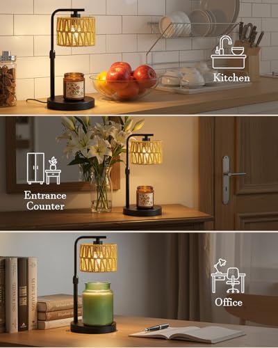 Candle Warmer Lamp, Timer Dimmable Candle Lamp, Adjustable Height and Brightness Candle Warmer, Boho Rattan Lampshade and ...
