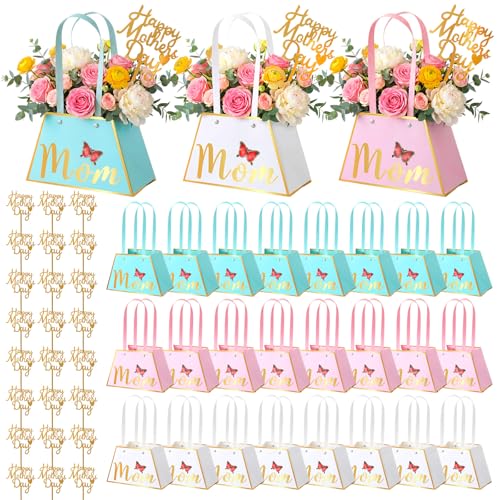 Yeyeplum 24 Pack Mothers Day Flower Paper Gift Bags Bouquet Bag Boxes with Handles and Decoration Topper Flower Boxes for ...
