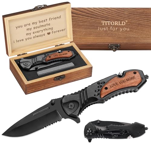 Gifts for Men Dad Him Fathers Day, Anniversary Birthday Gifts ideas for Boyfriend Husband, Engraved Pocket Knife, Wooden H...