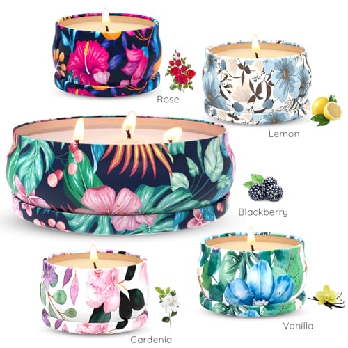 Aromatherapy Candle Gift Set - 5 Piece Scented Candles (1 x 13.5 oz, 4 x 2.5 oz) - Floral Tin Soy Wax Candles for Relaxati...