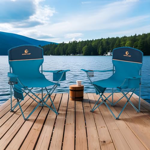 ALPHA CAMP Camping Chairs 350LBS Capacity, Heavy Duty Folding Chair with 4-Can Cooler Bag, Portable Outdoor Chair with Cup...