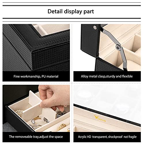 Voova Jewelry Box Organizer for Men Women, 2 Layer Large 12 Slot PU Leather Watch Storage Case, Glass Top Jewelry Display ...