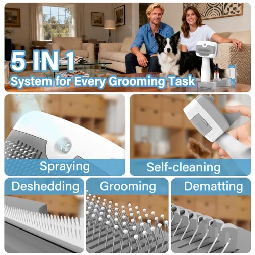Pet Steam Brush for Dogs & Cats,5-in-1 Self-Cleaning Dog Steam Brush with 3 Swap-in Heads (Grooming, Dematting, Desheddin...