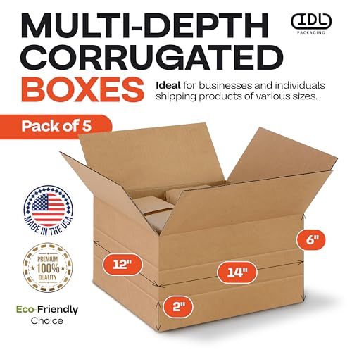 Multi-Depth Corrugated Shipping Boxes, 14"L x 12"W x 6"H, Pack of 5 - USA-Made Boxes for Moving, Storage & Small Business ...