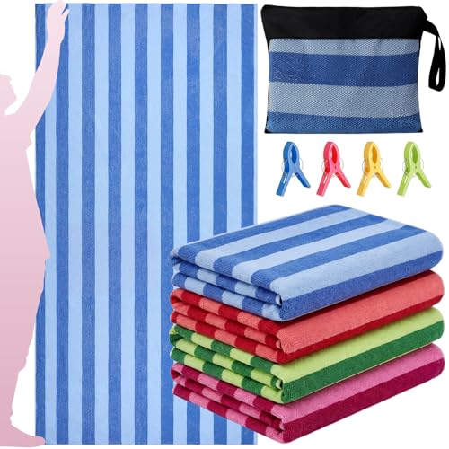 Gilprop 4 Packs Oversized Stripe Beach Towels Microfiber Pool Towel with Bags & Clips Soft Absorbent Quick Dry Camping Tow...