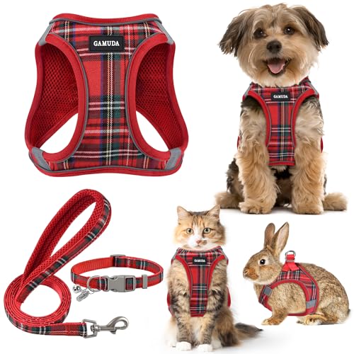 GAMUDA Small Dog Harness Collar and Leash Set, Step in No Chock No Pull Soft Mesh Adjustable Dog Vest Harnesses Plaid Refl...