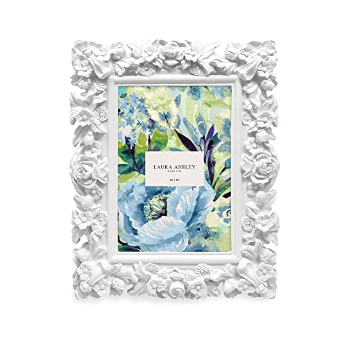 Laura Ashley 4x6 White Floral Textured Hand-Crafted Resin Picture Frame with Easel, for Tabletop & Wall Display, Decorativ...