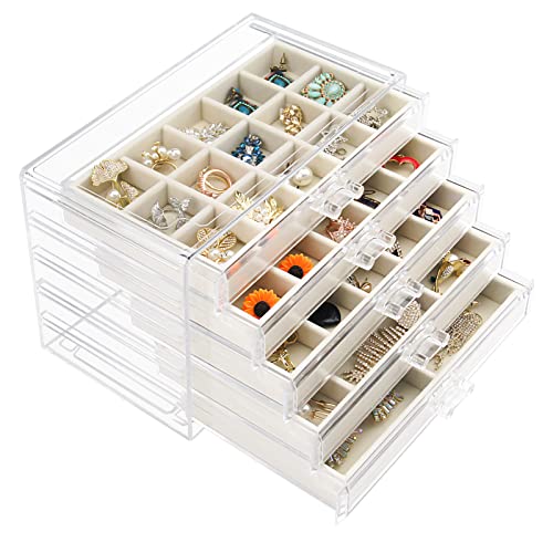 Watpot Acrylic Jewelry Box with 5 Drawers, Clear Earring Storage Organizer Display Case for Women Girls, Beige