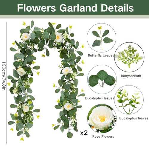 ASTRYAS 2 Pack 6.23Ft Artificial Eucalyptus Garland with Flowers, Fake Rose Garland Greenery Garlands Floral Vines for Wed...