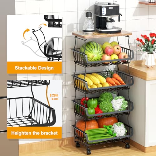 Gsiekare Fruit Vegetable Basket for Kitchen, 5 Tier Stackable Fruit Vegetable Storage Baskets with Wheels, Metal Wire Stor...