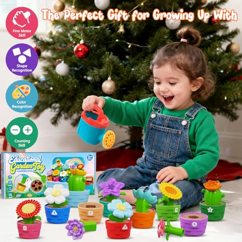 Montessori Flower Garden Building Toy for Toddlers, Gardening Set with Watering Can, Shovel, Rake, Shape & Color Sensory T...