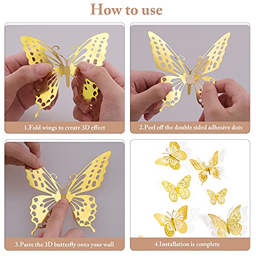 SAOROPEB 3D Butterfly Wall Decor - 48 Pcs, 4 Styles, 3 Sizes, Gold Butterfly Decorations for Birthday & Party Celebration...