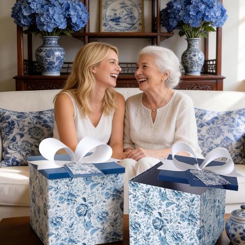 BIOBROWN Medium Gift Boxes with Lids for Presents, 9x9x9 Inches Chinoiserie Blue White Peony Floral Design Collapsible Gif...