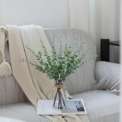 VIERENA 17.5" Artificial Eucalyptus Stems in Glass Vase with Faux Water,Fake Plant Eucalyptus Leaves White Seeds for Cente...